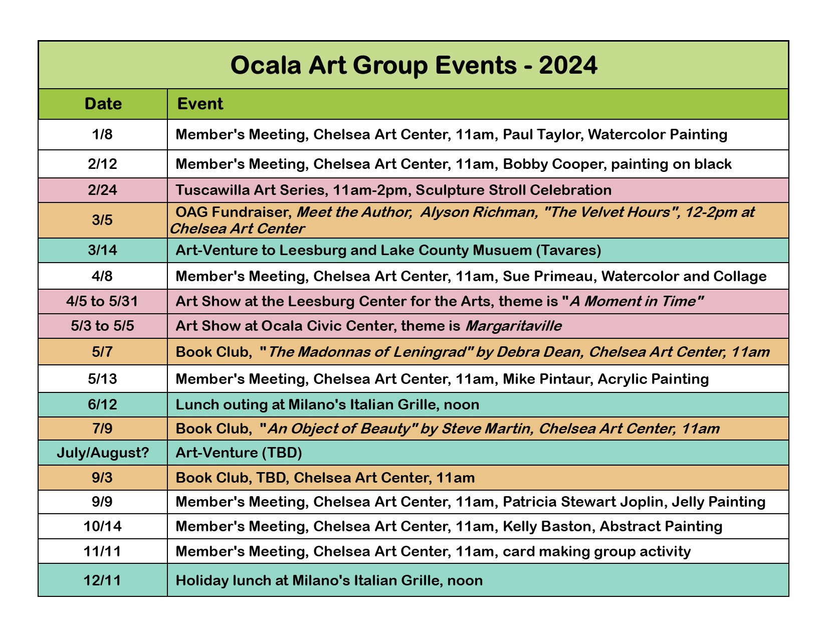 Ocala Art Group Calendar